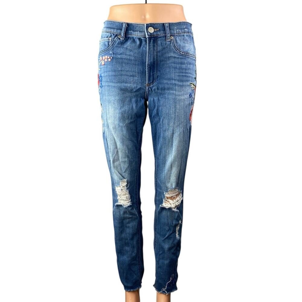 Express Ankle Legging High Rise Floral Embroidered Distressed Denim Jeans Size 6